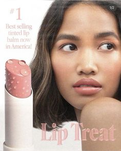 a magazine cover with a woman's face next to a lip treatment tube on the cover