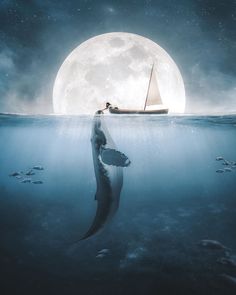 a boat floating in the ocean under a full moon