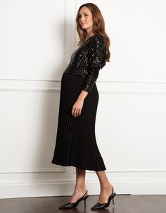 maternity, maternity dress, nursing, nursing dress, formal, luxe, occasion, midi, sequin, sequin top, sunray pleat, pleated, skirt, pleated skirt, jersey nursing, three quarter sleeve, 3/4 sleeve, keyhole back, bow, top, sparkle, mix and match, shimmer, b Postpartum Dresses, Sparkle Skirt, Bow Top, Skirt Pleated, Nursing Tops, Nursing Dress, Dress Formal, Sequin Top, Maternity Dress