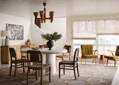 Maine Summer House by Nina Farmer Interiors | 1stDibs French Dining Chairs, Maine Cottage, California House, Zellige Tile, Yellow Kitchen, Wooden Stools, Dining Room Rug, Dining Room Design, Architectural Digest