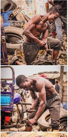 two pictures of men working in the process of making something out of scrap wood and metal