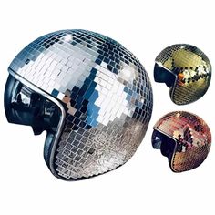 three different types of helmets with mirrors on them