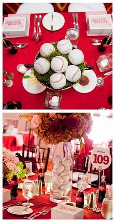 there are two pictures with baseballs on them and flowers in vases at the table