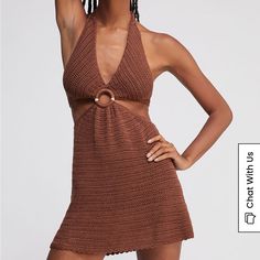 Never Worn Brand New! Crochet Dress From Pacsun, Kendall And Kylie Line Cute Summer Dress Brown Halter Neck Dress For Summer, Fitted Halter Neck Sundress For Beach Cover-up, Fitted Halter Neck Sundress For Beach, Brown Mini Dress For Summer, Brown Summer Halter Dress For Beach, Brown Halter Dress For Summer Beach, Brown Summer Mini Dress For The Beach, Chic Brown Beach Cover-up Dresses, Brown Halter Dress For Beach In Summer