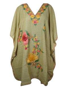 This handcrafted sandy shores caftan dress showcases pink & green floral embroidery and graceful butterfly sleeves, radiating bohemian charm. An excellent choice as a gift, this kimono-style kaftan is made from breathable cotton , ensuring comfort for extended wear on beache or vacations. With its mid-length design and loose, flowy silhouette characteristic of boho fashion, the relaxed fit of the kaftan exudes a laid-back and free-spirited vibe. Ideal as a stylish hostess dress, it's perfect for events, gatherings, or leisurely settings such as by the pool, on a cruise, or during casual activities. The kaftan housedress effortlessly combines style and comfort, making it a hassle-free and chic option for downtime. Available in onesize for L to 2X, this kaftan caters to a diverse range of bo Hostess Dresses, Embroidered Dresses, Sandy Shores, Caftan Dress, Kimono Style, Butterfly Sleeves, House Dress, Dress Gift, Free Spirited