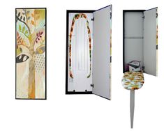 three open doors with designs on them and an ironing board in the middle one