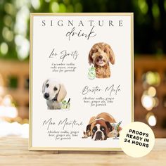 a sign with pictures of dogs on it and the words, signature drink in french