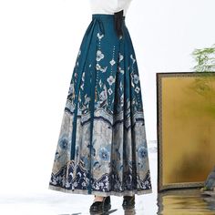 Olivia Mark - Embroidered Stand Collar Dress with Oversized Flared Silhouette and Exquisite Horse Embroidery Dark Green Skirt, Horse Embroidery, Stand Collar Dress, Embroidery Dress, Green Skirt, Elegant Outfit, Collar Dress, Olivia Mark, Stand Collar