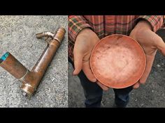 two pictures one shows a man holding an old pipe and the other shows a rusted metal bowl