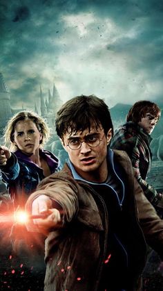 harry potter and the deathly hall movie poster with an arrow pointing to the right