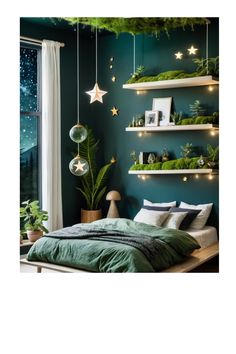 a bedroom with green walls and shelves filled with plants