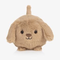 a small stuffed dog is shown on a white surface with the head turned to look like it's sitting down