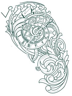 a drawing of a clock with ornate designs on it