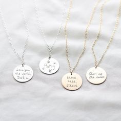 "Turn yours or a loved one's handwriting into a beautifully engraved disc necklace. The Statement Disc Necklace is available in 14k Gold Fill and Sterling Silver. The disc can be engraved both front and back in your actual handwriting. Simply send us a writing sample and we'll create a wonderful keepsake piece of jewellery for you. ▶︎ HOW TO ORDER + Once you have made the purchase, send us an email (minettajewellery@gmail.com) with your writing sample/s. + A high quality writing sample will crea Engraved Pendant Charm Necklace For Best Friend, Engraved Pendant Charm Necklaces For Best Friend, Personalized Sterling Silver Name Necklace For Best Friend, Engraved Round Charm Necklace For Best Friend, Minimalist Charm Necklaces With Engraving Option For Personalized Gift, Minimalist Charm Necklaces With Engraving Option, Personalized Round Charm Necklaces For Best Friend, Personalized Charm Necklaces For Best Friend Gift, Meaningful Engraved Charm Necklace For Best Friend