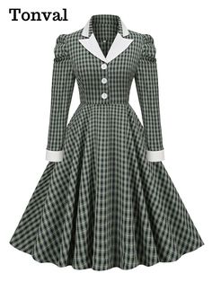 Color: Green; Size: S, M, L, XL, XXL Dress Pattern Free, 50s Inspired Dress, 1950 Dress, Style Vert, Plaid Dress Vintage, Green Plaid Dress, 50's Fashion, 1950's Dress, 1940's Fashion