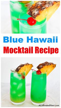 two glasses filled with blue hawaii cocktail and pineapple on the rim, next to each other