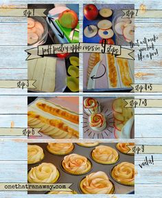 the instructions for making cupcakes with apples and other toppings are shown in this collage