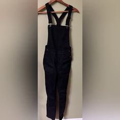 New With Tags Hips Measured At 15” Across Black Overall Jeans For Work, Black Overalls For Workwear, Black Denim Jumpsuit With Straight Leg And Pockets, Casual Fitted Black Overalls, Black Denim Jumpsuit For Work, Black Cotton Overalls, Black Fitted Casual Overalls, Fitted Black Denim Jumpsuit For Workwear, Casual Black Straight Leg Overalls