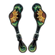 pair of sunflowers on black leather straps with green and yellow flowers in the center