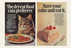 an old magazine ad with a cat next to a cake