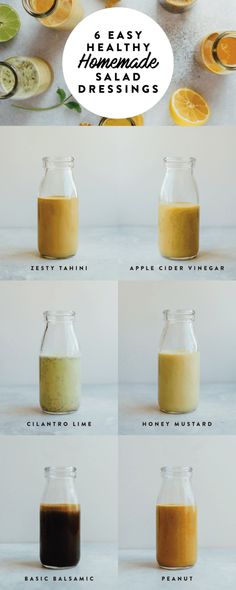 the steps to making homemade dressing in small glass jars with oranges and kiwi