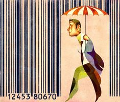 a man holding an umbrella in front of barcodes