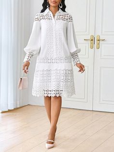 Spring And Summer Casual Elegant Work  White Contrast Lace Shirt Dress Tunic Dress Midi Women Dresses White Elegant  Long Sleeve Knitted Fabric Plain Bodycon Slight Stretch  Women Clothing, size features are:Bust: ,Length: ,Sleeve Length: Lace Shirt Dress, Dress Tunic, White Shirt Dress, Dress Midi, Lace Shirt, Sheer Fabrics, Womens Midi Dresses, Long Sleeve Knit, Summer Dresses For Women