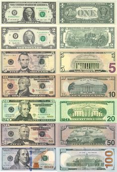 twenty dollar bills with different faces and numbers on each one side, including the white house