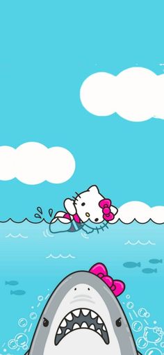 hello kitty swimming in the ocean with a shark