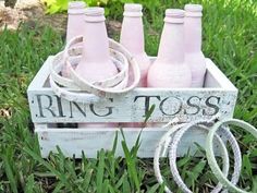 two pictures one with bowling pins and the other has pink bottles in it on top of a sign that says ring toss