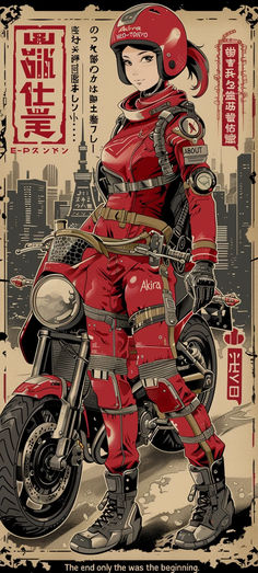 a woman in red riding on the back of a motorcycle with cityscape behind her