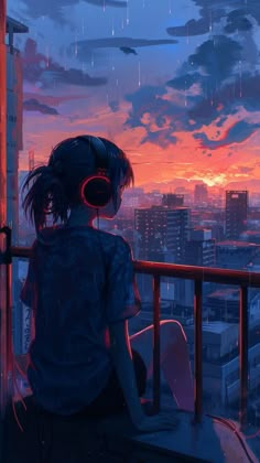 a person sitting on top of a balcony looking at the sunset over a large city