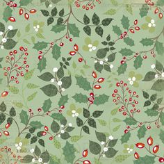 a green background with holly leaves and berries on it's sides, all in shades of red