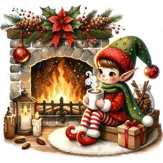 a painting of a little elf sitting in front of a fireplace holding a cup of coffee