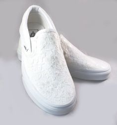 "Ivory Lace Bridal Vans Slip On --Lace Vans -- Wedding Tennis shoes - Wedding Vans For the girl who wears her Vans to every occasion.... why shouldn't you wear them to your wedding? Skip down the aisle in comfort in these beautiful ivory lace Vans! Pictured with the Slip On Vans in True White with ivory lace. Also available in white or champagne lace upon request. Available in all colors and styles that Vans currently offer. FOR INTERNATIONAL ORDERS (VERY IMPORTANT) : Please follow tracking on y Slip On Wedding Shoes, White Lace Vans, White Vans Wedding Shoes, Bridal Vans Shoes, Wedding Vans Shoes, Vans Wedding Shoes, Bridal Vans, Vans Wedding, Lace Vans