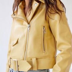 Urban Outfitters Celeste Faux Leather Moro Jacket In Yellow Nwt Never Worn, Size Medium But I Would Say It Fits Like A Small (See Video For Size Ref Im 5’3 Waist 26 Size Sm) Monochrome Faux Leather Biker Jacket For Fall, Trendy Solid Leather Jacket For Fall, Trendy Urban Outfitters Spring Outerwear, Urban Outfitters Fitted Outerwear For Fall, Fitted Fall Outerwear From Urban Outfitters, Fitted Urban Outfitters Outerwear For Fall, Biker Style Jacket For Fall, Chic Spring Outerwear From Urban Outfitters, Chic Spring Outerwear By Urban Outfitters