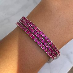 New in!! Tennis bracelet made from sterling silver, and high grade ruby color cz stones. Available in 7 inch length GAB0160rub Pink Tennis, Diamonds Bracelet, Beaded Things, Ruby Color, Clubbing Outfits, Ruby Bracelet, Minimalist Bracelet, Dainty Bracelets, Pink Gemstones