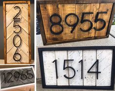 four different wooden numbers and numbers are shown in this collage, including one for each number