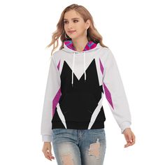 Spider Gwen Hoodie - Perfect for Halloween, Cosplay, and Parties! About the Hoodie: Adjustable Hood with white drawstring; Kangaroo pouch pocket; Perfect for daily wear, could provide you with all-day ease and soft. ● Fabric: 95% polyester and 5% spandex - double-knit fabric made with fine thread, giving it a smooth texture, and light sheen. ● Slim fit ● White drawstring, front pocket. ● Fabric weight: Light weight  ● Stitch Color: black or white, automatically matched based on patterns. ● Avera Spider Gwen Hoodie, Spiderman Clothes For Women, Ghost Spider Hoodie, Ghost Cosplay, Spider Gwen Cosplay, Spiderman And Spider Gwen, Spiderman Outfit, Spider Hoodie, Marvel Costumes