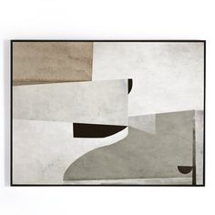 an abstract painting with black, white and grey shapes on the bottom half of it