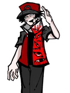 a drawing of a person wearing a red vest and hat with his hand on his head