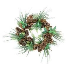 a wreath made out of pine cones and green leaves