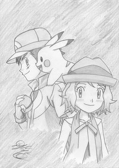 two people standing next to each other in front of a gray background with the words pokemon written