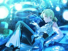 an anime character sitting on the ground in front of a blue background with bubbles and lights