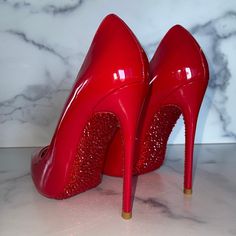 Red Rhinestone Wedding Heels, Red Wedding Heels With Red Sole, Fitted Red Heels For Wedding, Red Fitted Wedding Shoes With Round Toe, Red Pointed Toe Heels With Rhinestones, Fitted Red Heels With Rhinestones, Red Rhinestone Pointed Toe Heels, Red Fitted Heels With Rhinestones, Red Fitted Rhinestone Heels