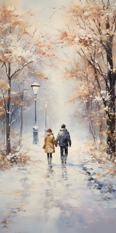 a painting of two people walking down a street in the snow with trees and lampposts