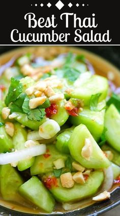 the best thai cucumber salad is in a bowl