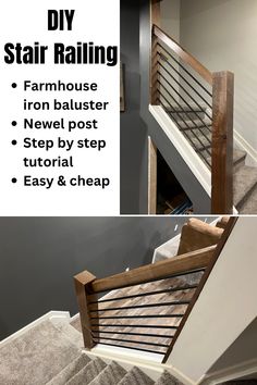 the steps are made from wood and have metal railings on each side, along with an easy diy stair rail