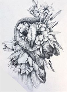 a drawing of an owl with flowers in its beak