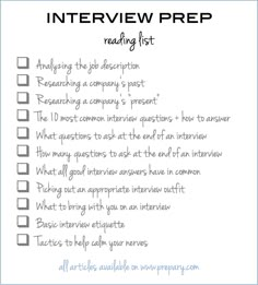 a checklist with the words interview prep written in black and white, on top of it